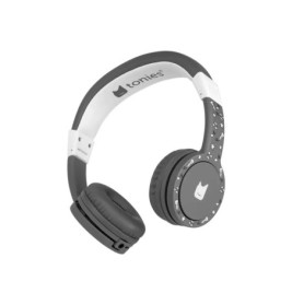 Schwarz-weißer Kinderkopfhörer mit Tonies-Logo und Sternmuster auf den Ohrmuscheln vor weißem Hintergrund.