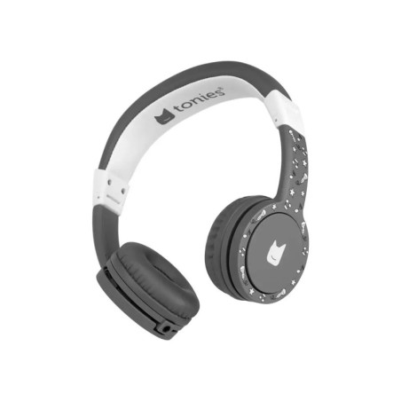 Schwarz-weißer Kinderkopfhörer mit Tonies-Logo und Sternmuster auf den Ohrmuscheln vor weißem Hintergrund. Schwarz-weißer Kinderkopfhörer mit Tonies-Logo und Sternmuster auf den Ohrmuscheln vor weißem Hintergrund.