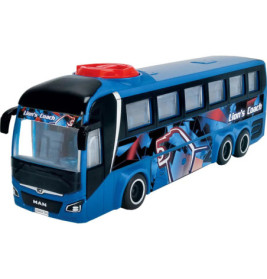 Blauer Spielzeugbus mit Lions Coach und Grafikdesigns an der Seite, aus vorderer linker Perspektive gesehen.