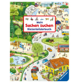 Bunt illustriertes Buchcover mit Zoo, Spielplatz und Park: Titel Meine Sachen suchen Riesenbilderbuch.