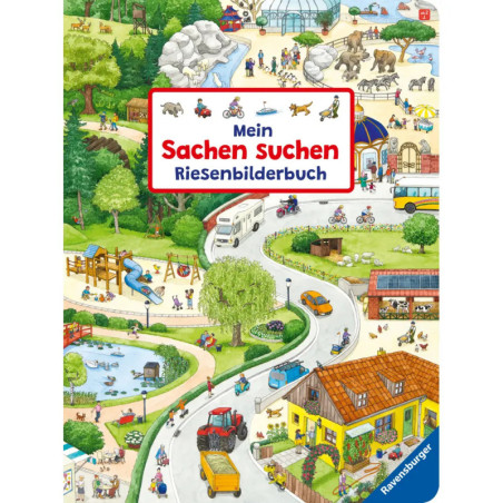 Bunt illustriertes Buchcover mit Zoo, Spielplatz und Park: Titel Meine Sachen suchen Riesenbilderbuch.
