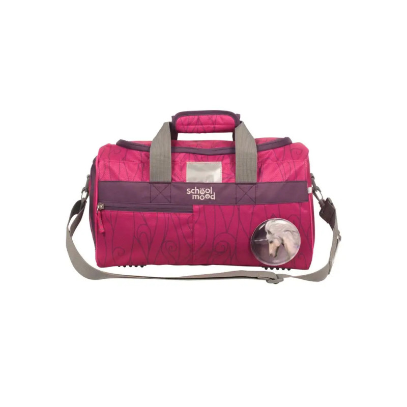 Pink-lila Sporttasche mit grauen Trägern und Pferdemotiv auf der Fronttasche, freigestellt vor weißem Hintergrund. Pink-lila Sporttasche mit grauen Trägern und Pferdemotiv auf der Fronttasche, freigestellt vor weißem Hintergrund.