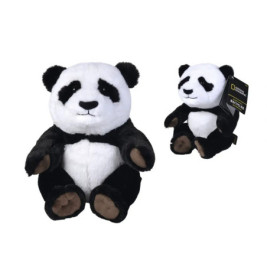 Zwei Stoffpandas mit schwarz-weißem Fell, einer davon trägt ein Etikett am Ohr.
