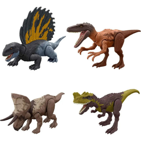 Vier Dinosaurier-Spielzeugfiguren (Spinosaurus, T. rex, Triceratops, Indoraptor) auf weißem Hintergrund.