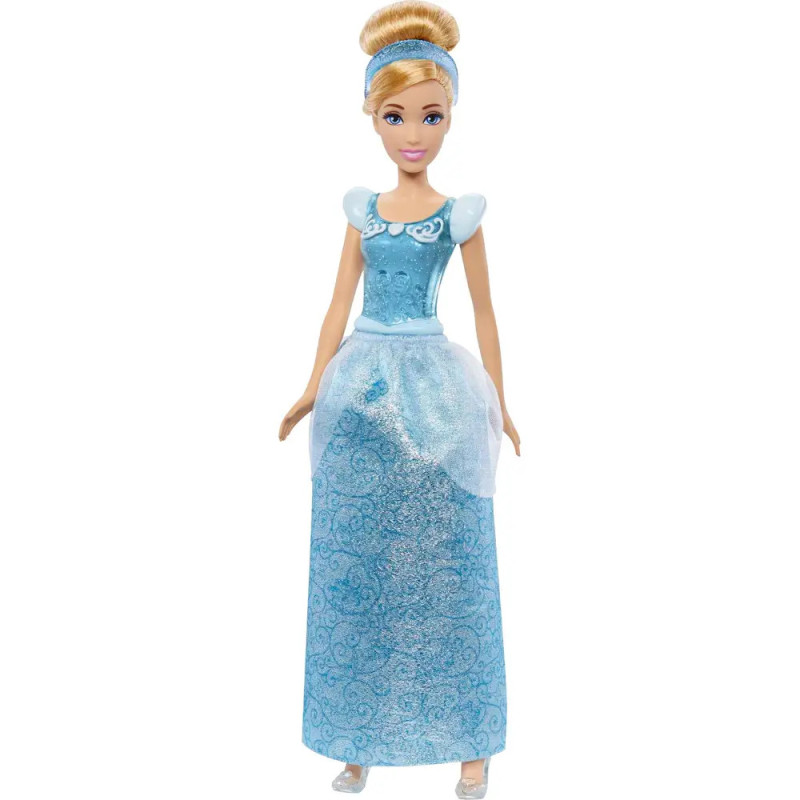 Cinderella-Puppe mit blauem Kleid, weißen Details, klaren Schuhen und blauem Haarband. Cinderella-Puppe mit blauem Kleid, weißen Details, klaren Schuhen und blauem Haarband.