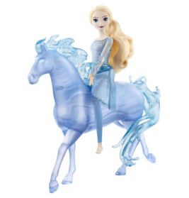 Elsa-Puppe im blauen Kleid reitet auf einem durchscheinenden, blauen Spielzeugpferd mit fließender Mähne und Schweif.