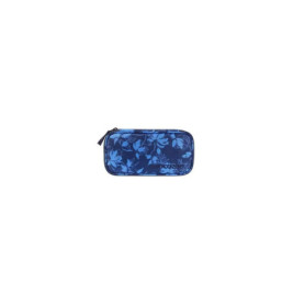 Kleine blaue Reißverschlusstasche mit Blumenmuster, rechteckig, vor weißem Hintergrund.
