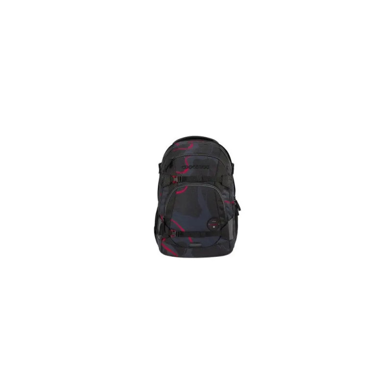 Schwarzer Rucksack mit rot-grauem Camouflagemuster, Vorderansicht, vor weißem Hintergrund.