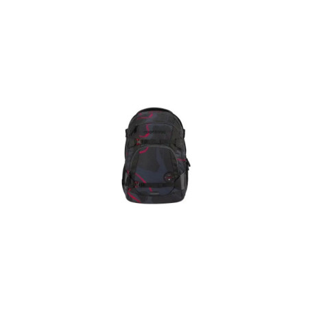 Schwarzer Rucksack mit rot-grauem Camouflagemuster, Vorderansicht, vor weißem Hintergrund.