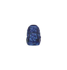 Blauer Rucksack mit Blumenmuster, mehreren Fronttaschen und schwarzem Logo-Tag vor weißem Hintergrund.