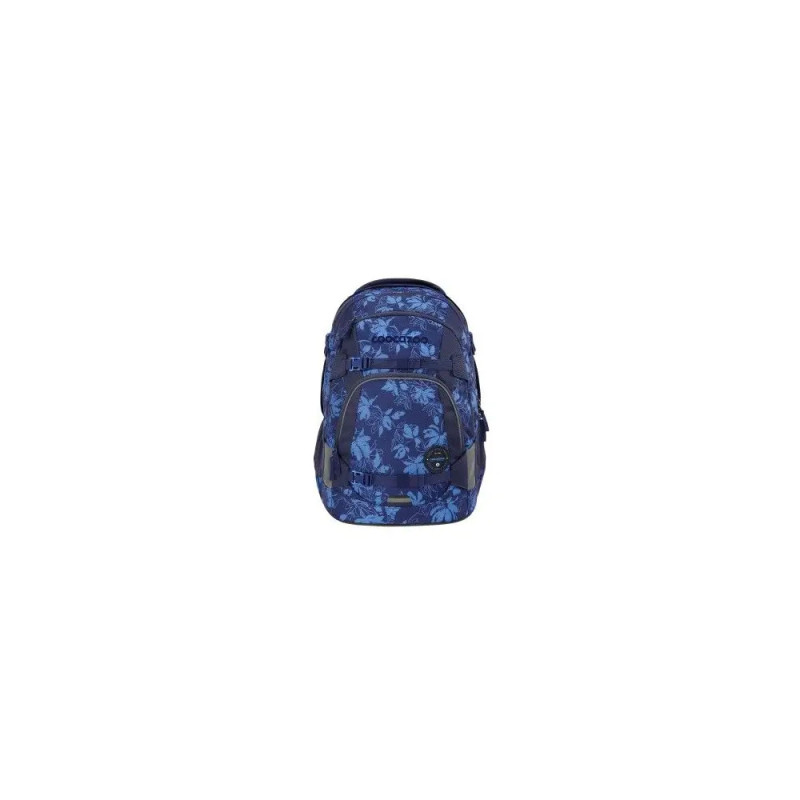 Blauer Rucksack mit Blumenmuster, mehreren Fronttaschen und schwarzem Logo-Tag vor weißem Hintergrund.