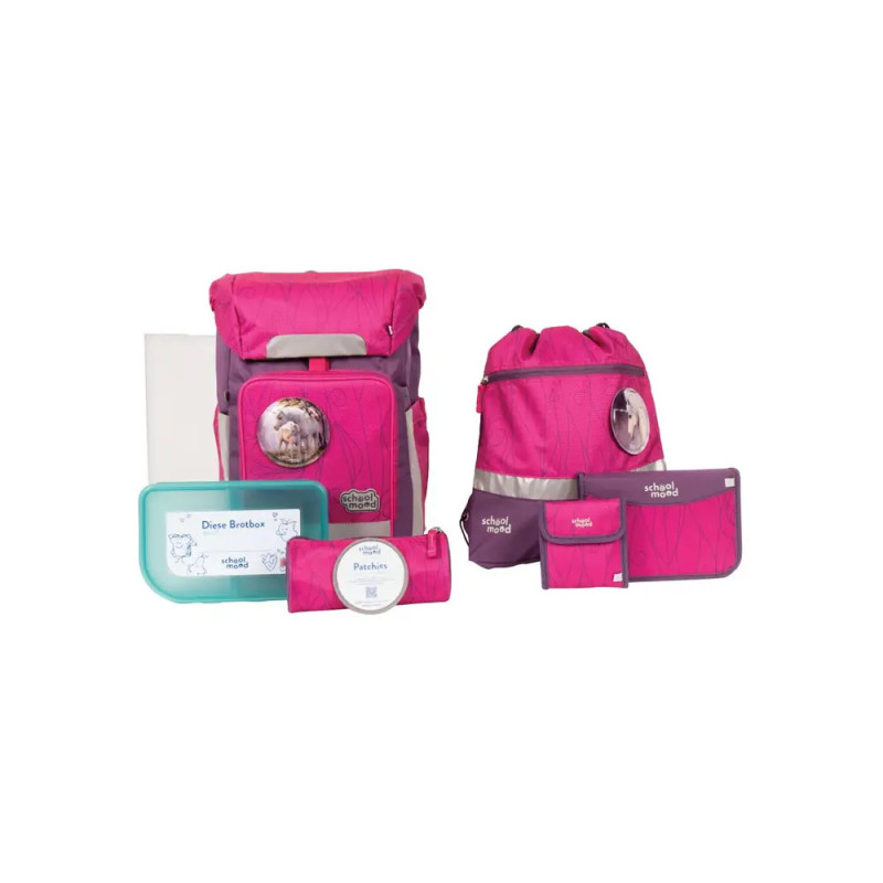 Ein Set rosa-lilafarbener Schultaschen mit Rucksack, Turnbeutel und Mäppchen. Ein Set rosa-lilafarbener Schultaschen mit Rucksack, Turnbeutel und Mäppchen.