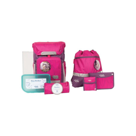 Ein Set rosa-lilafarbener Schultaschen mit Rucksack, Turnbeutel und Mäppchen.