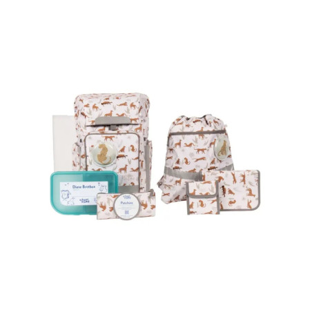 Kinderrucksack-Set mit Tiermuster: Rucksack, Taschen, Brotdose und Behälter auf weißem Hintergrund.