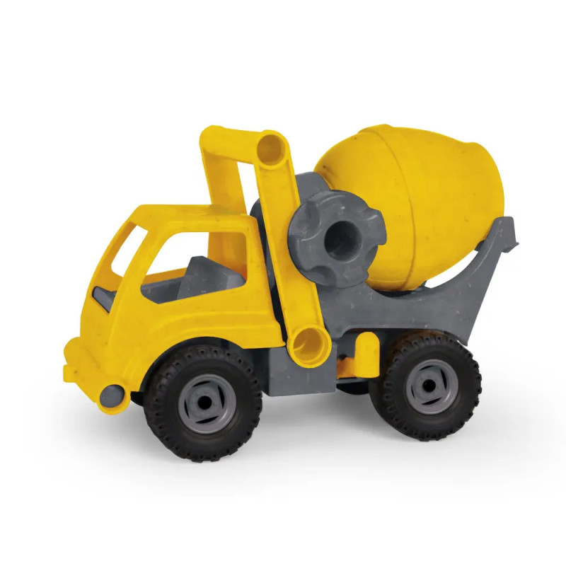 Gelber und grauer Spielzeug-Betonmischer mit schwarzen Rädern vor weißem Hintergrund.