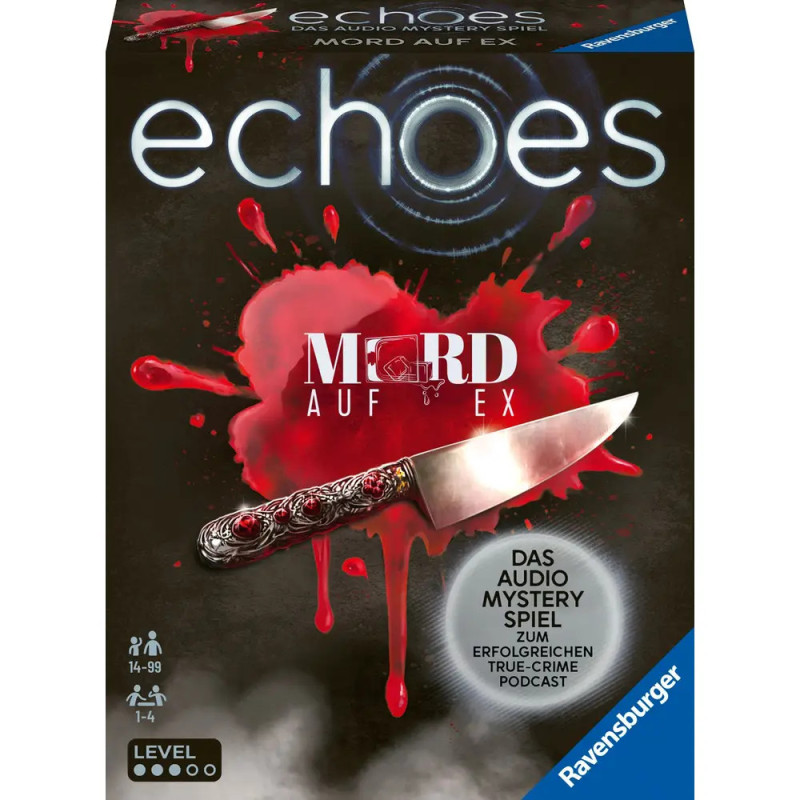 Boxcover von Echoes: Mord auf Ex mit blutigem Messer und großem Blutfleck vor dunklem Hintergrund.