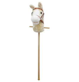 Steckenpferd mit Plüschpferdekopf und langem Holzstab als Körper.