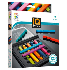 IQ Stixx Spielschachtel mit bunten Stäbchen und 120 Aufgaben, geeignet für Kinder ab 7 Jahren und Erwachsene.