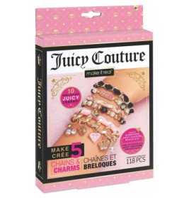 Juicy Couture Armband-Set mit 5 goldenen, rosa und perlenbesetzten Charms am Handgelenk in Verpackung.