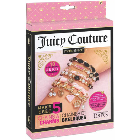 Juicy Couture Armband-Set mit 5 goldenen, rosa und perlenbesetzten Charms am Handgelenk in Verpackung. Juicy Couture Armband-Set mit 5 goldenen, rosa und perlenbesetzten Charms am Handgelenk in Verpackung.