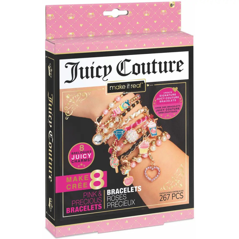 Juicy Couture Armband-Set mit 8 bunten Armbändern am Handgelenk, pinken Akzenten und 267 Teilen. Juicy Couture Armband-Set mit 8 bunten Armbändern am Handgelenk, pinken Akzenten und 267 Teilen.