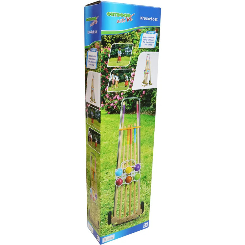Outdoor Aktiv-Krocket-Set: Box und Ausrüstung mit bunten Bällen auf einer Gartenwiese abgebildet.