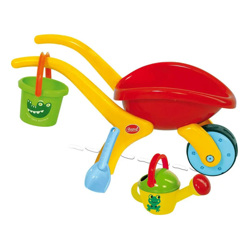 Buntes Spielzeug-Schubkarren-Set mit Eimer, Gießkanne und blauer Schaufel auf weißem Hintergrund. Buntes Spielzeug-Schubkarren-Set mit Eimer, Gießkanne und blauer Schaufel auf weißem Hintergrund.