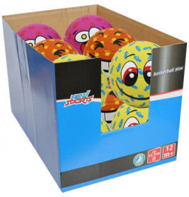 Box mit Mini-Basketbällen, bunt und mit Cartoon-Smileys, in einer blauen New Sports-Anzeigeverpackung.