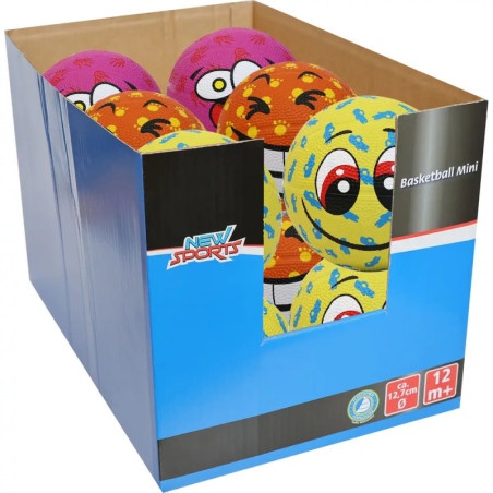 Box mit Mini-Basketbällen, bunt und mit Cartoon-Smileys, in einer blauen New Sports-Anzeigeverpackung.