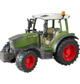 Grüner Spielzeugtraktor mit roten Rädern, weißem Dach und orangem Blinklicht oben.