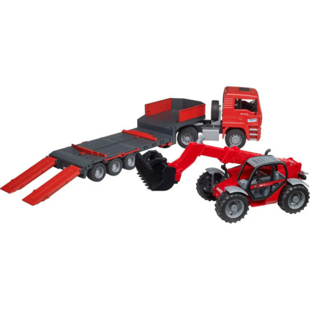 MAN TGA LKW mit Tieflader und Manitou Teleskoplader