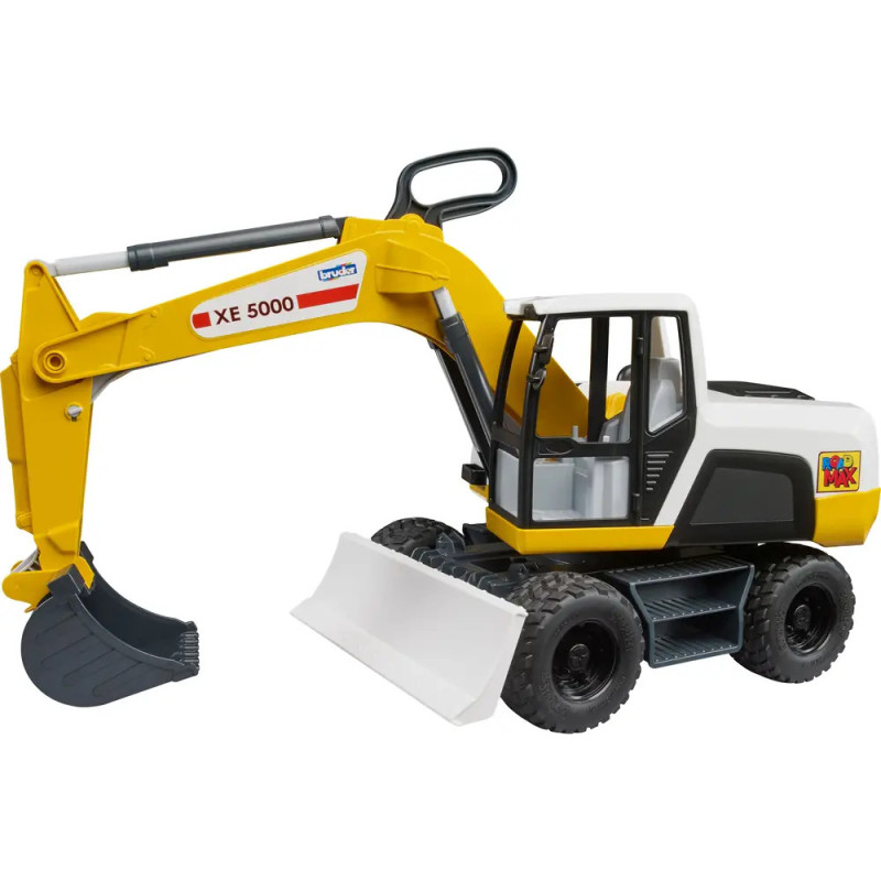 Gelber und grauer Spielzeugbagger mit Frontschaufel, langem Arm und der Aufschrift XE 5000. Gelber und grauer Spielzeugbagger mit Frontschaufel, langem Arm und der Aufschrift XE 5000.