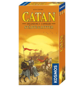 Catan: Städte & Ritter 5-6 Spieler Erweiterung mit Rittern vor einer Stadt im Sonnenuntergang auf der Verpackung.