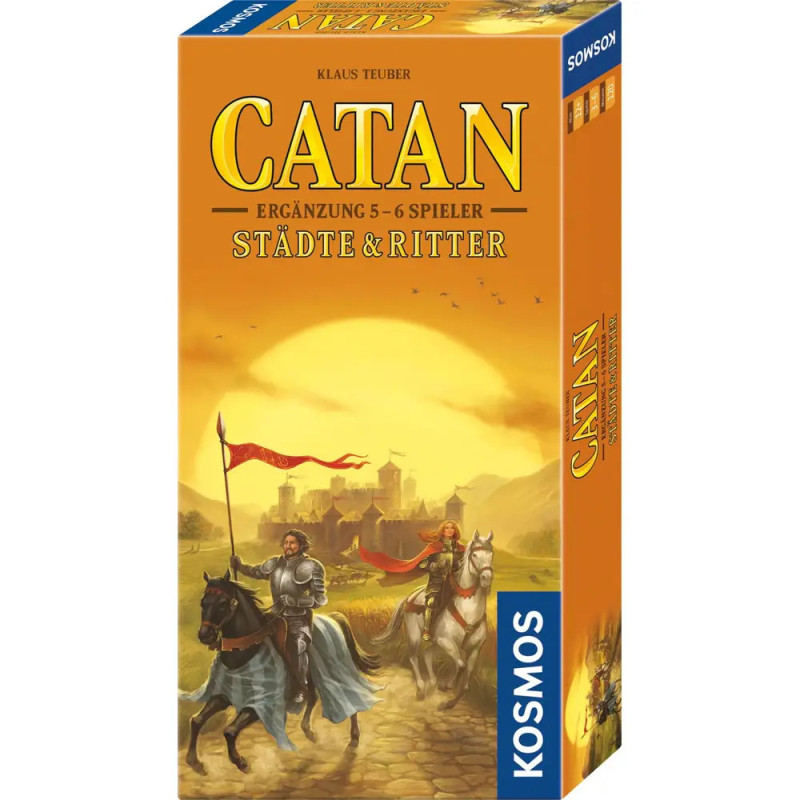 Catan: Städte & Ritter 5-6 Spieler Erweiterung mit Rittern vor einer Stadt im Sonnenuntergang auf der Verpackung.