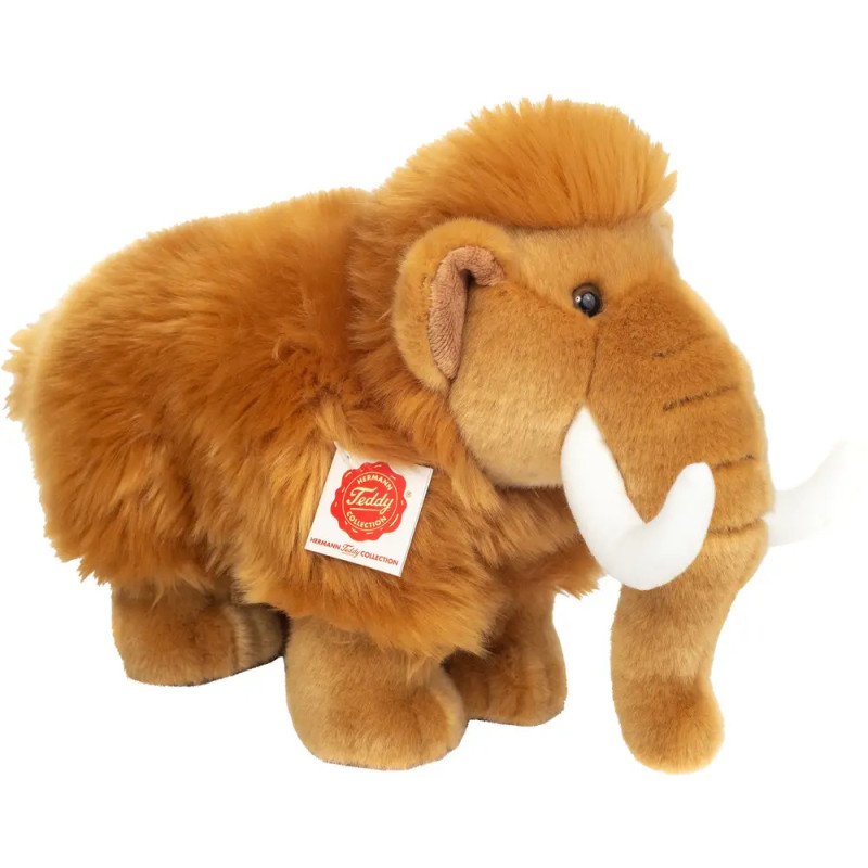 Ein flauschiges, braunes Mammut-Plüschtier mit weißen Stoßzähnen und einem Etikett an der Seite.