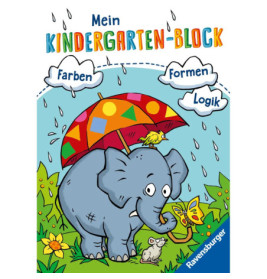 Cartoon-Elefant mit Schirm, dazu Frosch, Vogel, Schmetterling und deutschem Text zu Farben, Formen und Logik.