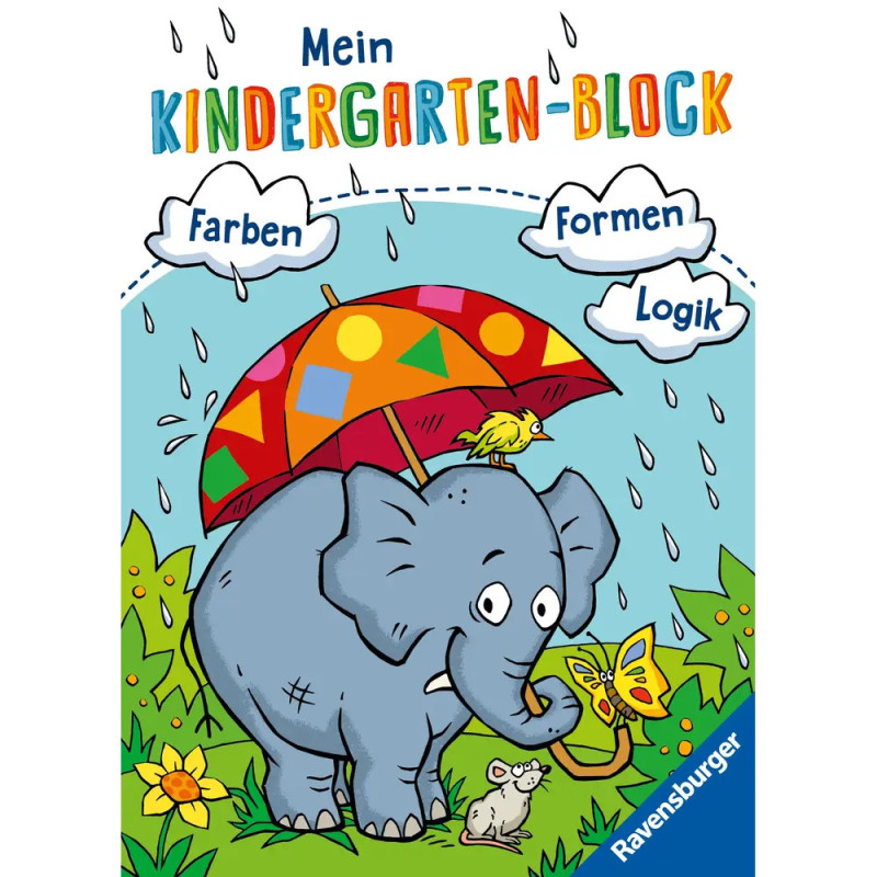 Cartoon-Elefant mit Schirm, dazu Frosch, Vogel, Schmetterling und deutschem Text zu Farben, Formen und Logik.