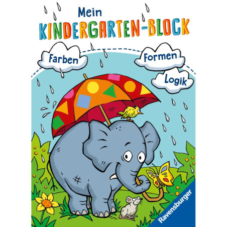 Cartoon-Elefant mit Schirm, dazu Frosch, Vogel, Schmetterling und deutschem Text zu Farben, Formen und Logik.