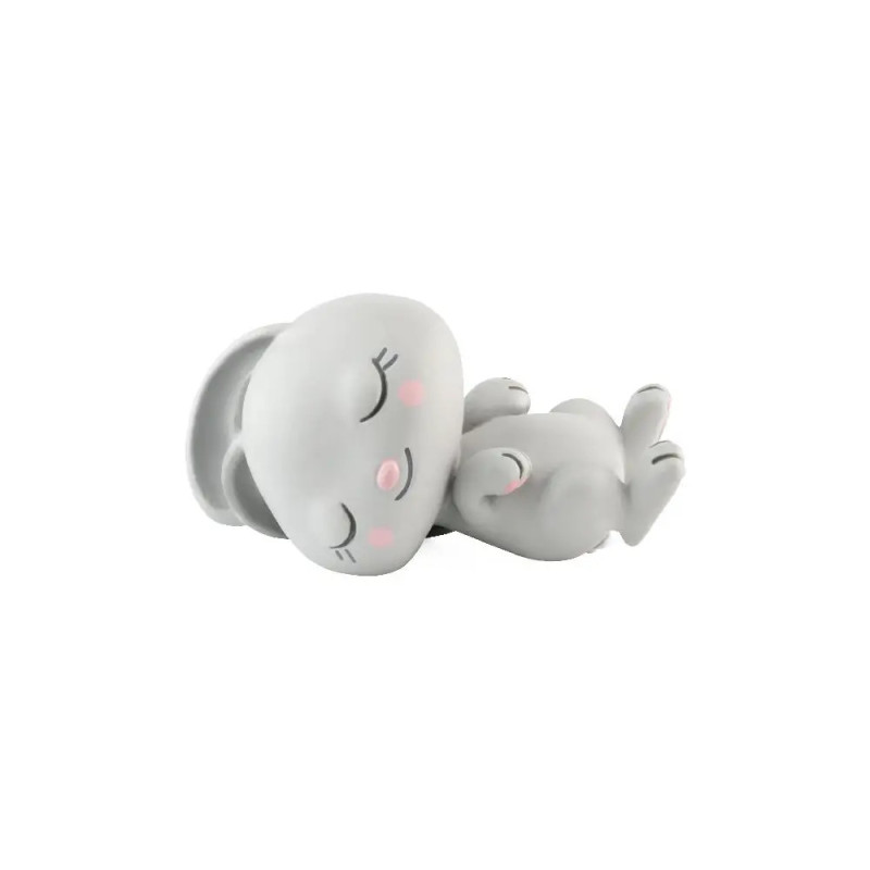 Graue Cartoon-Hasenfigur liegt seitlich, hat geschlossene Augen und rosa Wangen, wirkt schlafend.