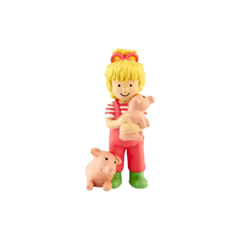 Spielfigur eines lächelnden Kindes in roten Overalls mit einem Ferkel im Arm und einem weiteren an den Füßen.
