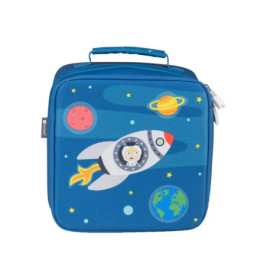 Blaue Brotdose mit Rakete, Planeten, Sternen und einem Hund als Astronaut im Weltraum auf der Vorderseite.