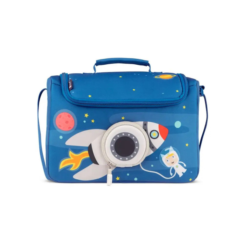 Blauer Kinderrucksack mit Rakete, Planeten und Astronautenmotiv auf der Vorderseite.