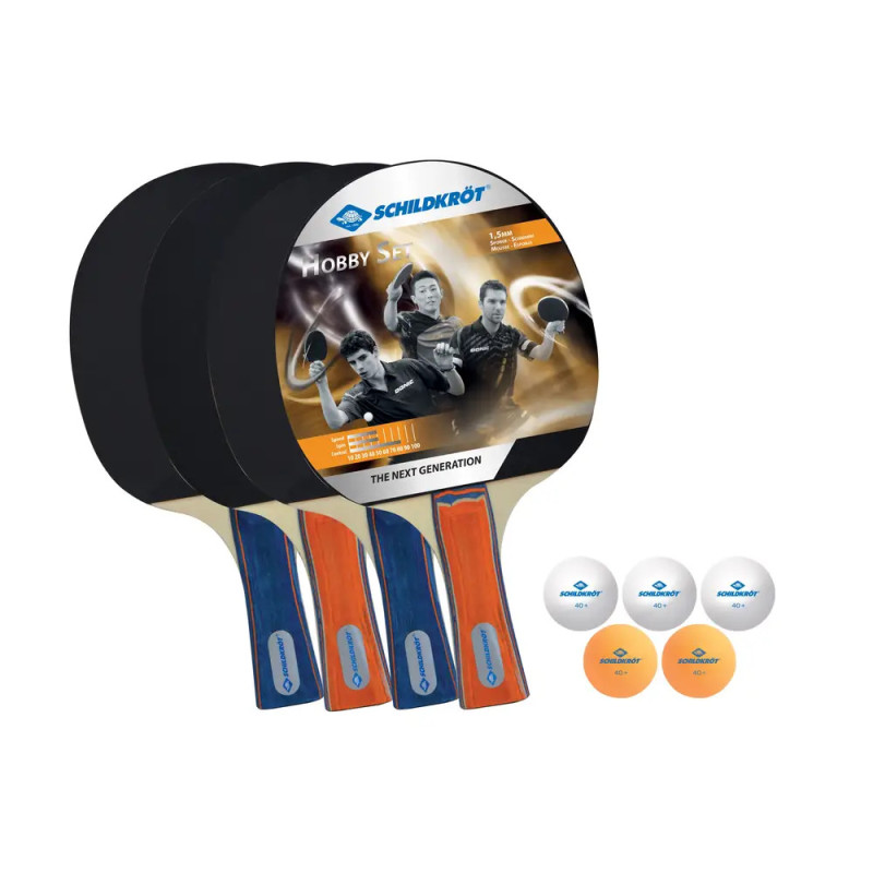 Drei Tischtennisschläger und sechs Schildkröt-Bälle in Verpackung mit abgebildeten Spielern.