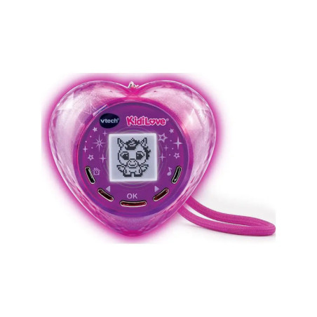 Herzförmiges, pinkes digitales Spielzeug mit Bildschirm, der ein Cartoon-Tier zeigt, sowie Tasten darunter.