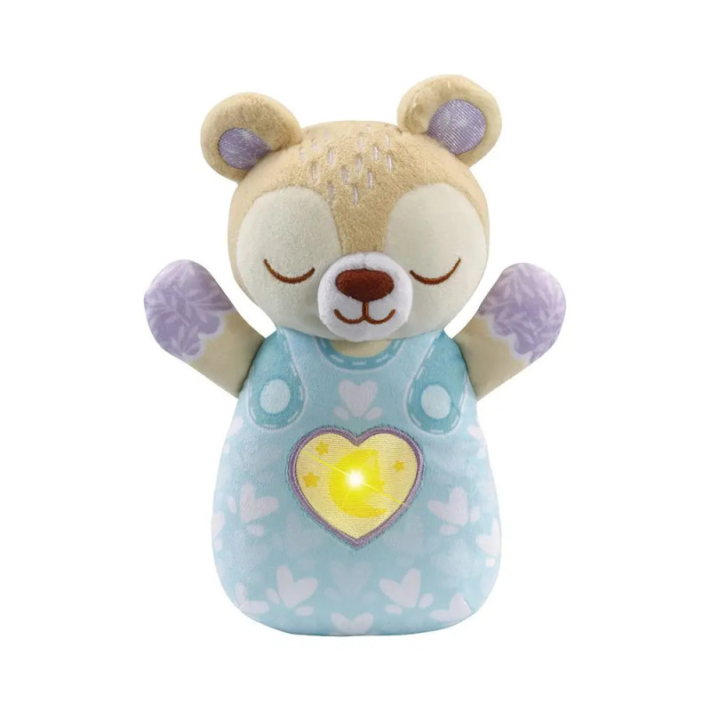 Plüschbär mit geschlossenen Augen, blauem Körper und leuchtendem, herzförmigem Licht auf der Brust.