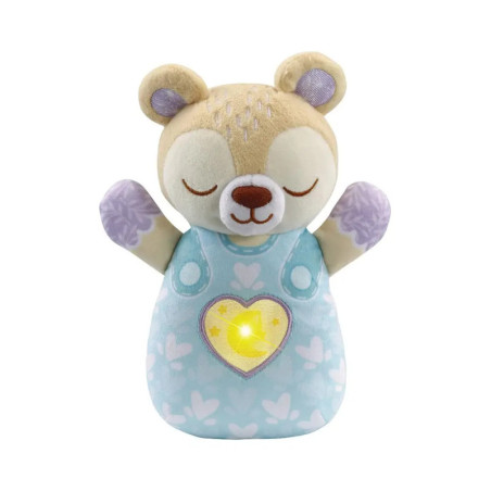 Plüschbär mit geschlossenen Augen, blauem Körper und leuchtendem, herzförmigem Licht auf der Brust.