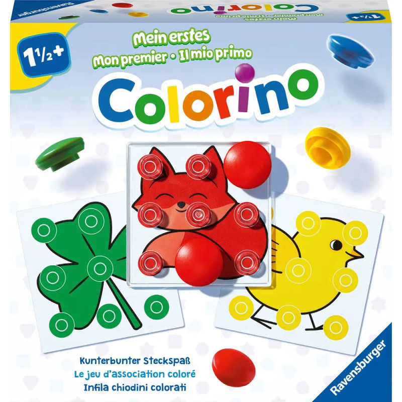 Colorino-Spielbox mit bunten Steckern, roter Katze, grünem Kleeblatt und gelbem Küken als Illustrationen.