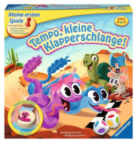 Bunte Brettspielschachtel mit lächelnden Schlangen, einer Schildkröte und einer Maus beim Wettrennen in der Wüste.
