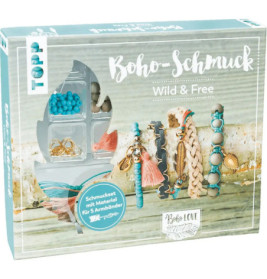 Boho-Schmuckset mit Material und Anleitung für fünf Armbänder im Boho-Stil in Blau und Beige.
