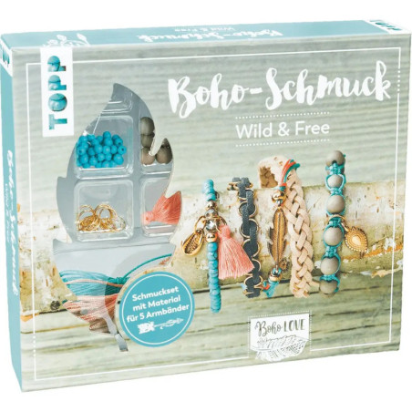 Boho-Schmuckset mit Material und Anleitung für fünf Armbänder im Boho-Stil in Blau und Beige.